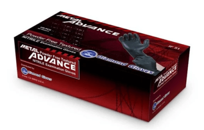 Black examination nitrile gloves, 5 mil, powder-free, available in small, medium, large, and X-large, 1,000 gloves per case.
