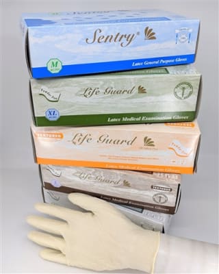 Disposable latex gloves, powder-free, available in small, medium, large, and X-large, 1,000 gloves per case.