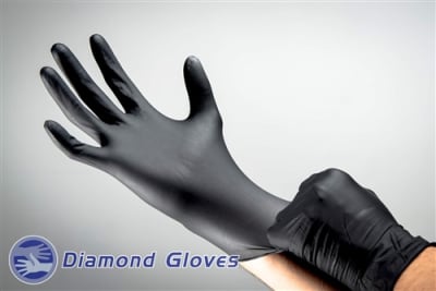Black examination nitrile gloves, 6 mil, powder-free, available in small, medium, large, and X-large, 1,000 gloves per case.