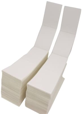 White fan-folded direct thermal labels with perforation, 2,000 labels per stack, 4,000 per case.