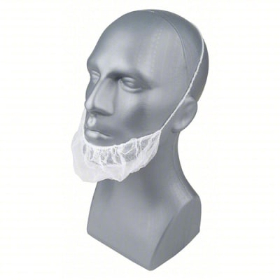 White polypropylene beard covers, 18-inch, universal size, 1,000 per case.