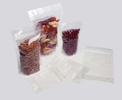 PET/CPP Stand Up Pouch Bags w/ Zip Lock, Clear, in assorted sizes.