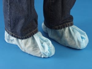 Blue non-skid polypropylene shoe covers, one size fits all, disposable, 50 per box.