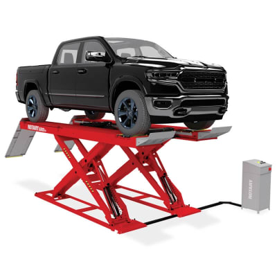 Rotary XA12 alignment scissor automotive lift raising a pickup truck for professional wheel alignment service