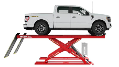 Rotary XA14 alignment scissor lift raising a Ford F-150 Tremor pickup, side view, heavy-duty 14,000 lb automotive lift