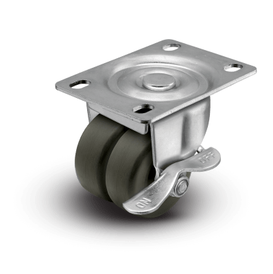 2" Low Profile Swivel Plate Caster w/ Side Lock Brake- Hard Rubber Dual Wheel - 225 lbs Capacity