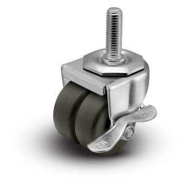 2" Low Profile Swivel Stem Caster with Brake | Hard Rubber Dual Wheel (Loden Grey) | 225 lbs Capacity | 1/2"-13x1-1/2" Threaded Stem