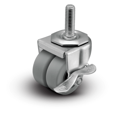 2" Low Profile Swivel Stem Caster with Brake | 1/2" Diameter x 1-1/2" Long | Thermoplastic Rubber (TPR) Dual Wheel - 180 lbs Capacity