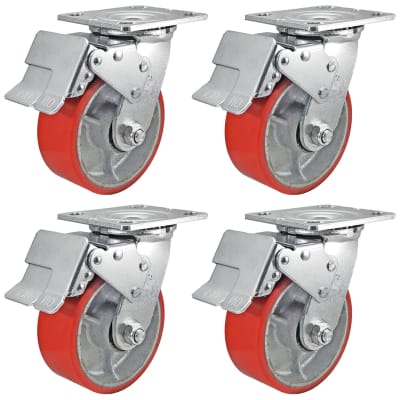 5" x 2" Total Lock Caster Set of 4 with Red Polyurethane on Steel Wheel - 4,000 lbs Capacity Per Set of 4