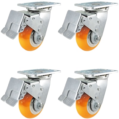 4" x 2" Total Lock Caster Set of 4 with Orange Polyurethane on Aluminum Wheel - 4,000 lbs Capacity Per Set of 4
