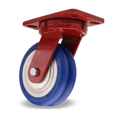 Hamilton Spinfinity S-ZFHS-4SWC85 Kingpinless Swivel Caster featuring 4"x2" UltraGlide Blue Twin Wheel on Aluminum Core and 3/4" Sealed Precision Ball Bearings for superior mobility.
