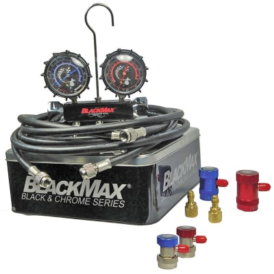 MAID8QDL CPS BlackMax™ Series Automotive Manifold R-134A / R-1234YF 2 1/2" Gauges 8' Hoses Manual Couplers