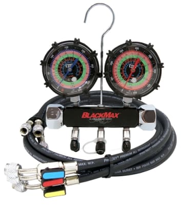 MBH4P5EZ CPS BlackMax Black - Chrome 2 Valve Anodized Aluminum Manifold Gauge Set With 5 ft. Ball Valve Hoses