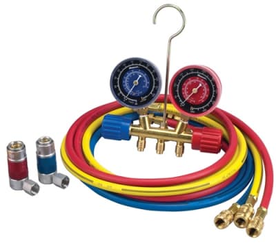 45111 Robinair R134A Automotive Side Wheel Brass Manifold Set With Enviro-Gaurd Hoses And Couplers