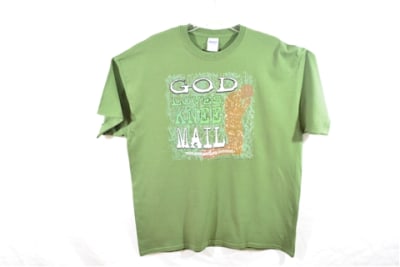 Green cotton men's God Loves Knee Mail tee.