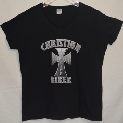 100%  cotton Christian Biker tees. Fitted lady's V neck tee, men's crew neck tee