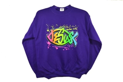 Crew neck cotton blend youth Jesus tie-dye sweatshirts in purple, lime, or gold