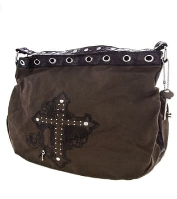 A brown massage bag with a stud design cross and Key