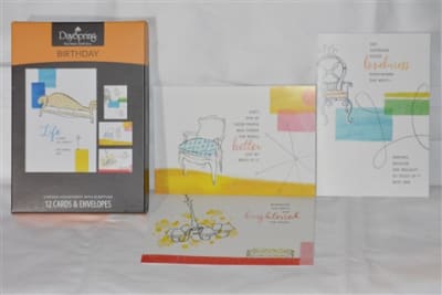 Four birthday designs each with warm encouraging words. The set includes three cards per design.
