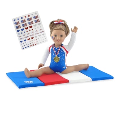 photo of 18-inch Doll Clothes - Gymnastics Leotard plus Tumbling Mat and Hair Bow - fits American Girl ® Dolls