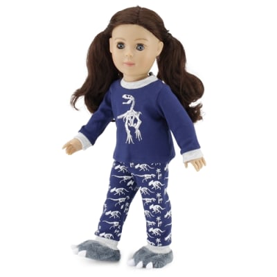 18 Inch Doll Clothes 3-PC Blue and Grey Dinosaur Pajamas PJs Bedtime Set, Including Dino Slippers