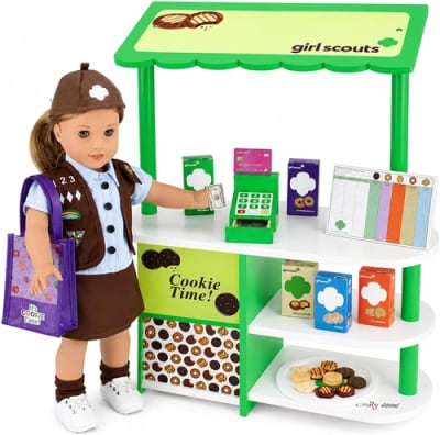 Emily Rose 18-inch Doll Girl Scouts Cookie Stand with 29 PC Accessories | Officially licensed by the GSUSA – includes 29 pieces: 10 cookies, 5 boxes, cash register, money, credit card & cookie stand