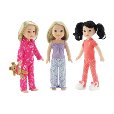 14 Inch Doll Clothes & Accessories |3pc Snowflake PJs with Teddy Bear BUNDLED with Coral PJ Set with Fluffy Easter Bunny Slippers and Summer Tank PJ Set  | Compatible with 14" American Girl Wellie Wishers Dolls