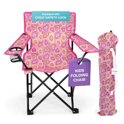 Kids Camping Chair | Playful Hearts Beach Chair with Safety Lock and Carry Case - Perfect for Camping, Travel, Tailgate, Lawn - for Indoor and Outdoor