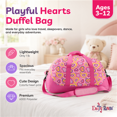 Emily Rose Kids Large Overnight Duffle Bag | Duffel Bag for Boys and Girls | 100% Polyester | Perfect for sleepovers and overnight travel (Playful Hearts)