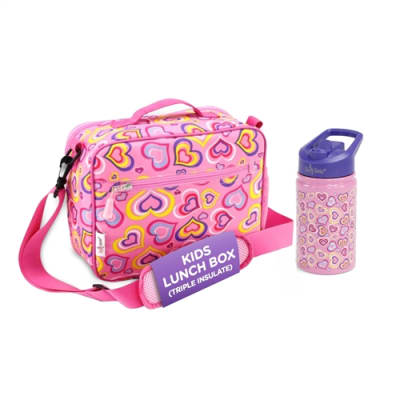Emily Rose Kid's Girls School Lunch Supplies Essentials Value Bundle - Matching 11.5" Pink Lunch Box and Matching Vacuum Sealed Insulated 12oz Water Bottle Set | Kids 5-12 (Playful Hearts)