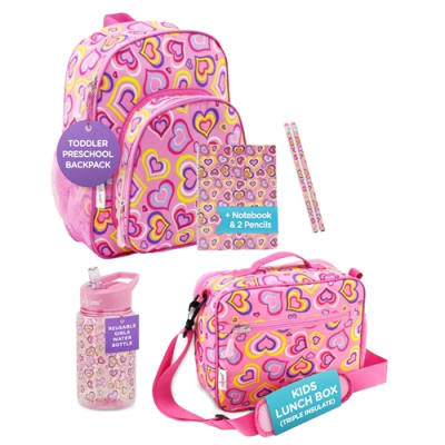 Emily Rose Kid's Girls School Lunch Supplies Essentials Value Bundle - Matching 10.5" Pink Lunch Box and Matching Vacuum Sealed Insulated 16oz Water Bottle Set | Kids 5-12 (Playful Hearts)
