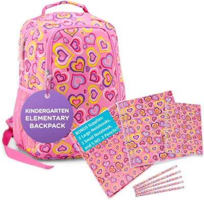 Emily Rose Kid's Backpack & Elementary School Supplies Bundle for Kids - 16" Large Back Pack with Padded Straps w/Matching Spiral Notebooks, Folder and Pencils Set | Kids 5-12 (Playful Hearts)