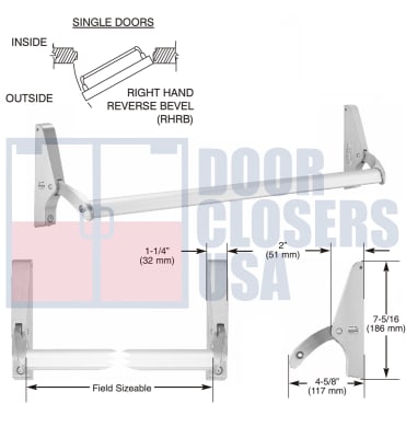 261M Cross Bar Rim Panic Exit Hardware With Dogging, For Single Door Applications Up To 48" Wide, Right Hand Reverse, Aluminum Finish