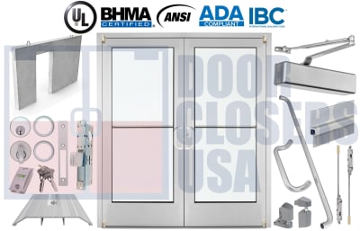 Alumitrex 72" x 80" Double Storefront Doors - Pre-Cast Concrete Wall, 1/4" Tempered, Clear Anodized - Made in USA (3-4 Week Production)