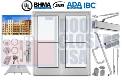 Alumitrex 72" x 84" Double Storefront Doors - Wood Stud Wall w/ Veneer, 1/4" Tempered, Clear Anodized - Made in USA (3-4 Week Production)