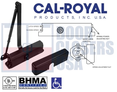 Cal-Royal 500 Series Surface-Mount Door Closer, ANSI A156.4, Grade 1 ADA / Barrier Free, Adjustable Size 1â€“5, For Doors Weighing 30-260 lbs., Full Cover, Black Finish