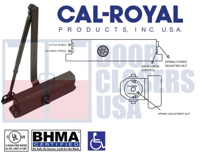 Cal-Royal 500 Series Surface-Mount Door Closer, ANSI A156.4, Grade 1 ADA / Barrier Free, Adjustable Size 1â€“5, For Doors Weighing 30-260 lbs., No Cover, Dark Bronze Finish