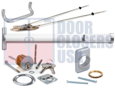 Calibre Door Closers 9100-4-48-LHR-AL Left Hand Reverse Concealed Vertical Rod Panic Exit Device With Outside Pull Handle, Cylinder, and Mounting Pad For 48 in. x 84 in. Door, Aluminum Finish