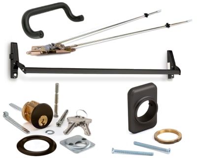 Calibre Left Hand Reverse Concealed Vertical Rod Cross Bar Panic Hardware Assembly, With Outside Lock Cylinder and 9 in. Center To Center Pull Handle, For 36 in. to 48 in. Wide x 84 in. Tall Doors, Dark Bronze Finish