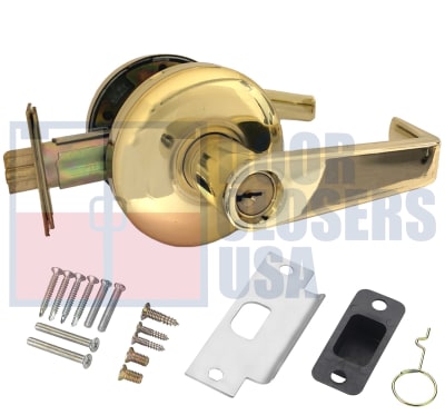 Cal-Royal Grade 2 Commercial Cylindrical Lockset, Storeroom Function, 3-5/16 in. Flat Rose Trim, Key Cylinder On Outside, Plain Lever On Inside, 6 Pin Schlage C Keyway Cylinder, US3 Bright Brass Finish