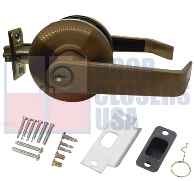 Cal-Royal Grade 2 Commercial Cylindrical Lockset, Storeroom Function, 3-5/16 in. Flat Rose Trim, Key Cylinder On Outside, Plain Lever On Inside, 6 Pin Schlage C Keyway Cylinder, US5 Antique Brass Finish