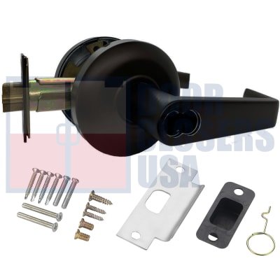Cal-Royal Pioneer Series ICSL00-US1 Grade 2 Commercial Cylindrical Leverset, Entrance Function, Key Cylinder On Outside, Push/Turn Button On Inside, SFIC Prep (Cylinder Not Included), US1 Flat Black Finish