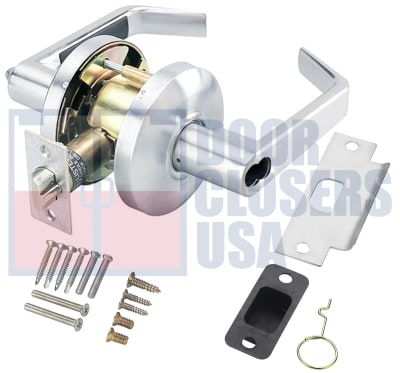Cal-Royal Pioneer Series ICSL00-US15 Grade 2 Commercial Cylindrical Leverset, Entrance Function, Key Cylinder On Outside, Push/Turn Button On Inside, SFIC Prep (Cylinder Not Included), US15 Satin Nickel Finish