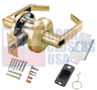 Cal-Royal Pioneer Series ICSL00-US4 Grade 2 Commercial Cylindrical Leverset, Entrance Function, Key Cylinder On Outside, Push/Turn Button On Inside, SFIC Prep (Cylinder Not Included), US4 Satin Brass Finish