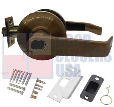 Cal-Royal Pioneer Series ICSL00-US5 Grade 2 Commercial Cylindrical Leverset, Entrance Function, Key Cylinder On Outside, Push/Turn Button On Inside, SFIC Prep (Cylinder Not Included), US5 Antique Brass Finish