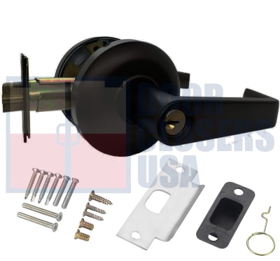 Cal-Royal Pioneer Series SL05-US1 Grade 2 Commercial Cylindrical Leverset, Storeroom Function, Key Cylinder On Outside, Plain Lever On Inside, 6 Pin Schlage C Keyway Cylinder, US1 Flat Black Finish