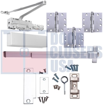Entrance-Lite PB10 ADA Compliant Grade 1 Panic Hardware Kit 1 For 36 in. x 84 in. Commercial Door, Includes Rim Panic Bar, Heavy Duty Door Closer, and 3 Ball Bearing NRP Hinges, Aluminum Finish