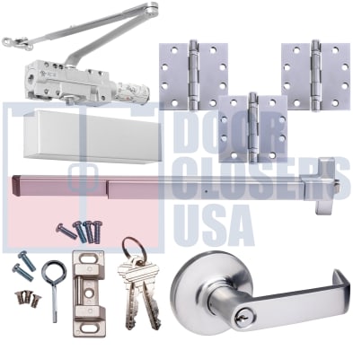 Entrance-Lite PB10 ADA Compliant Grade 1 Panic Hardware Kit 2 For 36 in. x 84 in. Commercial Door, Includes Rim Panic Bar, Outside Keyed Entry Handle, Heavy Duty Door Closer, and 3 Ball Bearing NRP Hinges, Aluminum Finish