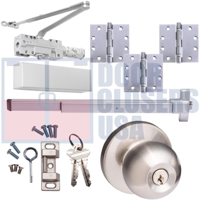 Entrance-Lite PB10 Grade 1 Panic Hardware Kit 3 For 36 in. x 84 in. Commercial Door, Includes Rim Panic Bar, Outside Keyed Entry Knob, Heavy Duty Door Closer, and 3 Ball Bearing NRP Hinges, Aluminum Finish