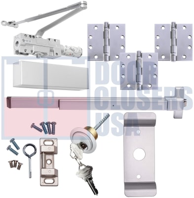 Entrance-Lite PB10 Grade 1 Panic Hardware Kit 4 For 36 in. x 84 in. Commercial Door, Includes Rim Panic Bar, Outside Pull Plate With Lock Cylinder, Heavy Duty Door Closer, and 3 Ball Bearing NRP Hinges, Aluminum Finish